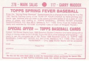 1986 Topps Stickers #117 / 278 Garry Maddox / Mark Salas Back