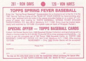 1986 Topps Stickers #120 / 281 Von Hayes / Ron Davis Back