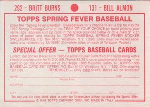 1986 Topps Stickers #131 / 292 Bill Almon / Britt Burns Back