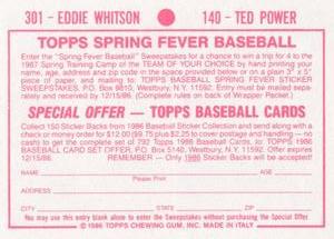 1986 Topps Stickers #140 / 301 Ted Power / Eddie Whitson Back