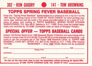 1986 Topps Stickers #141 / 302 Tom Browning / Ron Guidry Back