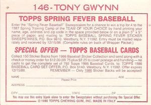 1986 Topps Stickers #146 Tony Gwynn Back