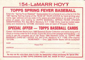 1986 Topps Stickers #154 LaMarr Hoyt Back