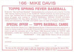 1986 Topps Stickers #166 Mike Davis Back