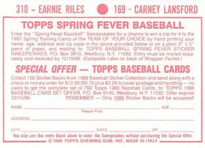 1986 Topps Stickers #169 / 310 Carney Lansford / Earnie Riles Back