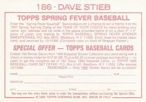 1986 Topps Stickers #186 Dave Stieb Back
