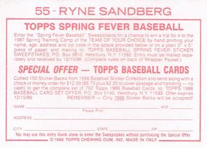 1986 Topps Stickers #55 Ryne Sandberg Back