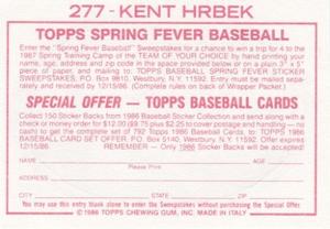 1986 Topps Stickers #277 Kent Hrbek Back