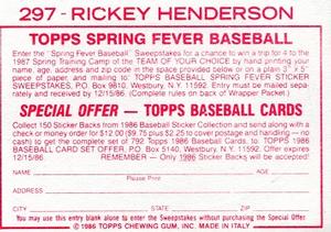 1986 Topps Stickers #297 Rickey Henderson Back