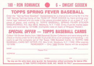 1986 Topps Stickers #6 / 180 Dwight Gooden / Ron Romanick Back