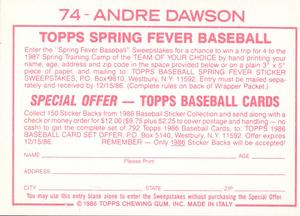 1986 Topps Stickers #74 Andre Dawson Back