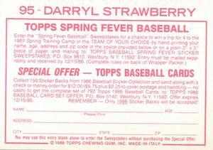 1986 Topps Stickers #95 Darryl Strawberry Back
