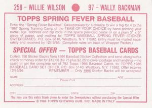 1986 Topps Stickers #97 / 258 Wally Backman / Willie Wilson Back