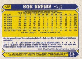 1987 O-Pee-Chee #125 Bob Brenly Back