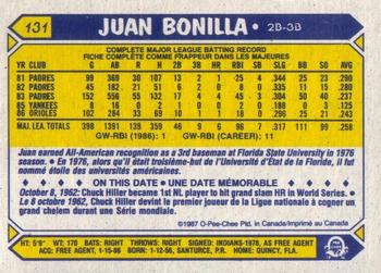 1987 O-Pee-Chee #131 Juan Bonilla Back