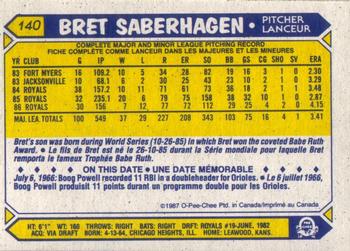 1987 O-Pee-Chee #140 Bret Saberhagen Back