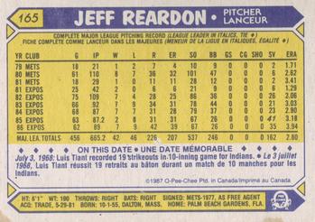 1987 O-Pee-Chee #165 Jeff Reardon Back