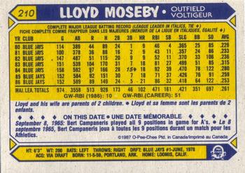 1987 O-Pee-Chee #210 Lloyd Moseby Back