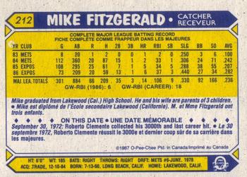 1987 O-Pee-Chee #212 Mike Fitzgerald Back