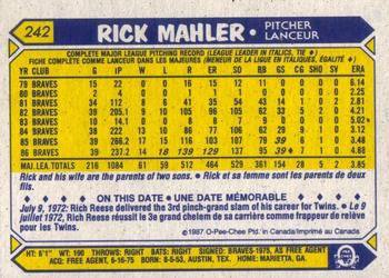 1987 O-Pee-Chee #242 Rick Mahler Back