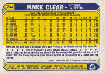 1987 O-Pee-Chee #244 Mark Clear Back