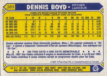 1987 O-Pee-Chee #285 Dennis Boyd Back