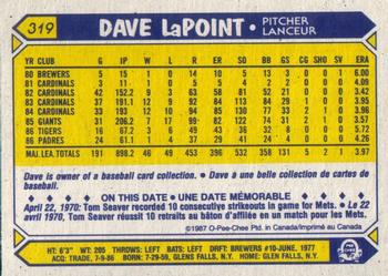 1987 O-Pee-Chee #319 Dave LaPoint Back