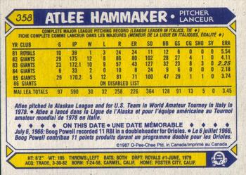 1987 O-Pee-Chee #358 Atlee Hammaker Back