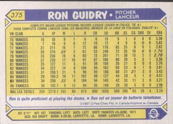 1987 O-Pee-Chee #375 Ron Guidry Back