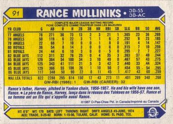 1987 O-Pee-Chee #91 Rance Mulliniks Back