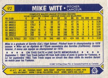 1987 O-Pee-Chee #92 Mike Witt Back