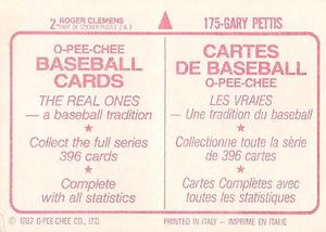 1987 O-Pee-Chee Stickers #2 / 175 Roger Clemens / Gary Pettis Back