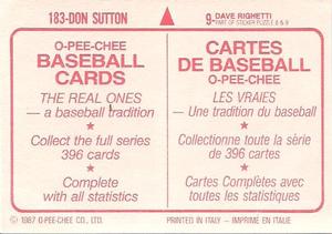 1987 O-Pee-Chee Stickers #9 / 183 Dave Righetti / Don Sutton Back