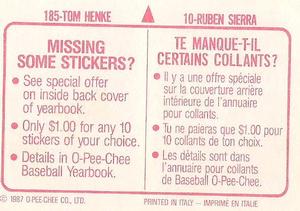 1987 O-Pee-Chee Stickers #10 / 185 Ruben Sierra / Tom Henke Back