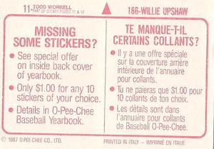 1987 O-Pee-Chee Stickers #11 / 186 Todd Worrell / Willie Upshaw Back