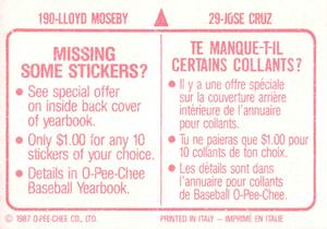 1987 O-Pee-Chee Stickers #29 / 190 Jose Cruz / Lloyd Moseby Back