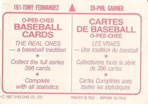 1987 O-Pee-Chee Stickers #30 / 191 Phil Garner / Tony Fernandez Back