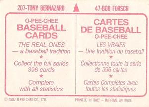 1987 O-Pee-Chee Stickers #47 / 207 Bob Forsch / Tony Bernazard Back