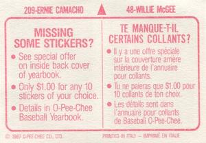 1987 O-Pee-Chee Stickers #48 / 209 Willie McGee / Ernie Camacho Back