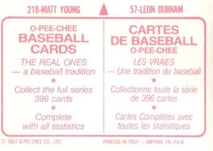 1987 O-Pee-Chee Stickers #57 / 218 Leon Durham / Matt Young Back