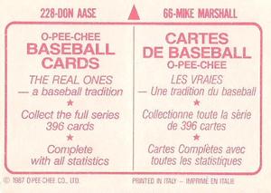 1987 O-Pee-Chee Stickers #66 / 228 Mike Marshall / Don Aase Back