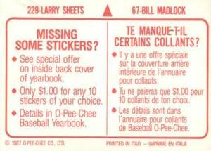 1987 O-Pee-Chee Stickers #67 / 229 Bill Madlock / Larry Sheets Back