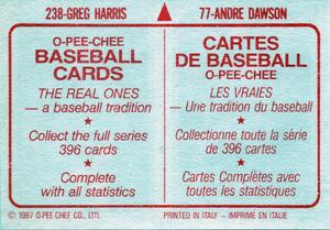 1987 O-Pee-Chee Stickers #77 / 238 Andre Dawson / Greg Harris Back