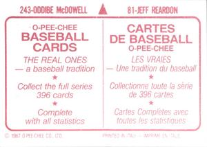 1987 O-Pee-Chee Stickers #81 / 234 Jeff Reardon / Oddibe McDowell Back