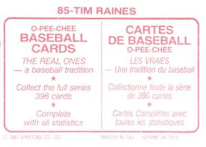 1987 O-Pee-Chee Stickers #85 Tim Raines Back