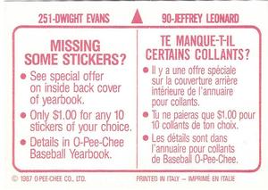 1987 O-Pee-Chee Stickers #90 / 251 Jeffrey Leonard / Dwight Evans Back