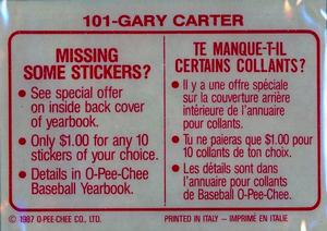 1987 O-Pee-Chee Stickers #101 Gary Carter Back