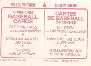 1987 O-Pee-Chee Stickers #105 / 267 Ron Darling / Lou Whitaker Back
