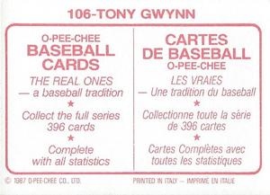 1987 O-Pee-Chee Stickers #106 Tony Gwynn Back