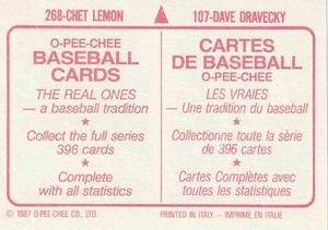 1987 O-Pee-Chee Stickers #107 / 268 Dave Dravecky / Chet Lemon Back